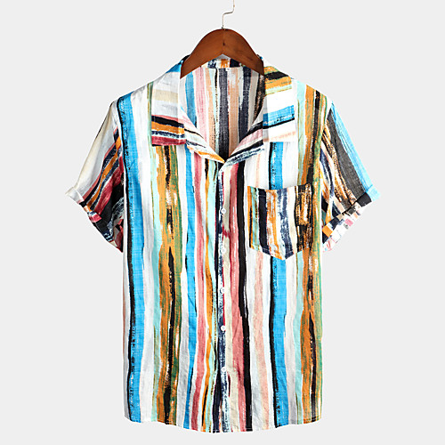 

Men's Shirt Rainbow Patchwork Short Sleeve Daily Wear Tops Rock Button Down Collar Red Light Blue / Beach