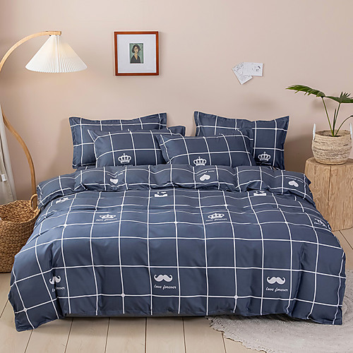 

Duvet Cover Sets 4-Piece set with Zipper Closure / Modern Simplicity Plaid Printed / Ultra Silky Soft Polyester / Comfortable and Breathable / 1 Duvet Cover and 1 Fitted Sheet and 2 Pillow Shams