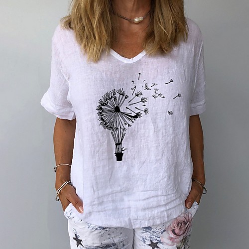 

Women's T shirt Floral Flower V Neck Tops White Yellow Gray
