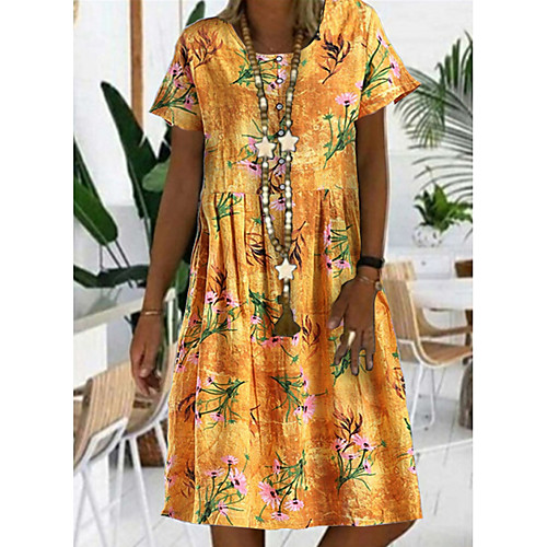 

Women's A-Line Dress Knee Length Dress - Short Sleeves Floral Summer Casual Boho Vacation 2020 Blue Yellow M L XL XXL