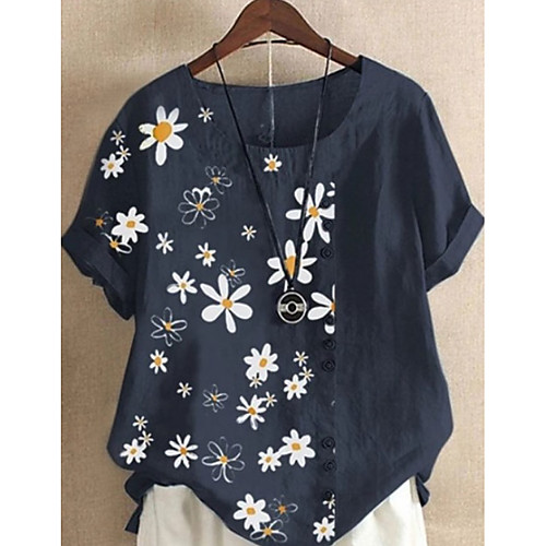 

Women's Blouse Shirt Graphic Round Neck Tops Cotton Basic Top Blue Yellow Light Blue