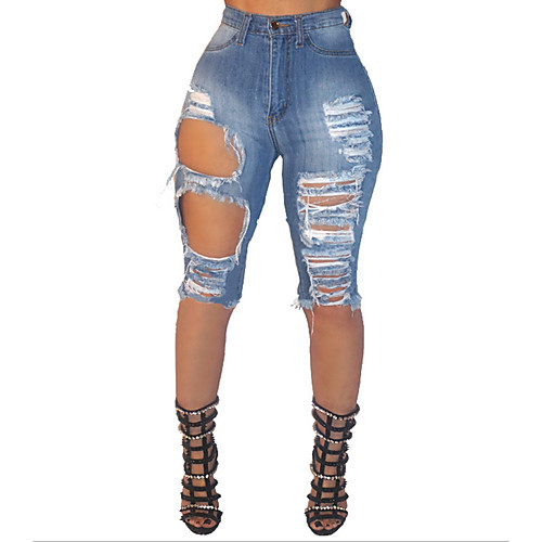 

Women's Basic Slim Denim Cotton Shorts Pants - Solid Colored Light Blue S / M / L