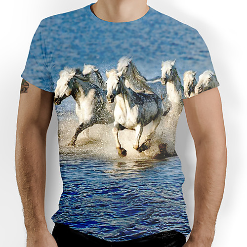 

Men's T shirt Shirt Graphic Animal Print Short Sleeve Daily Tops Basic Round Neck Blue