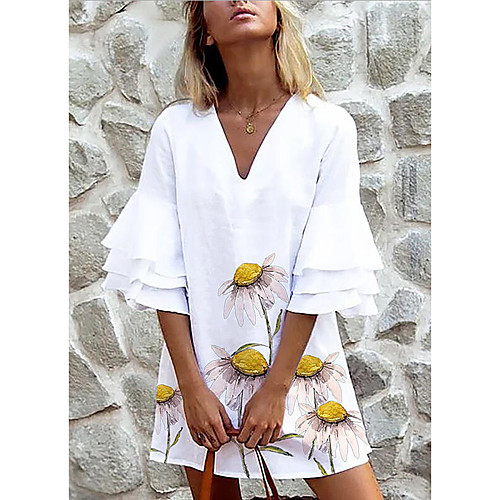 

Women's A-Line Dress Short Mini Dress - Half Sleeve Floral Summer Casual Chinoiserie 2020 White Yellow S M L XL