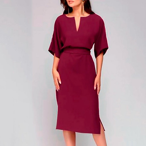 

Women's Shift Dress Knee Length Dress - 3/4 Length Sleeve Solid Color Summer Casual 2020 Wine Green S M L XL XXL