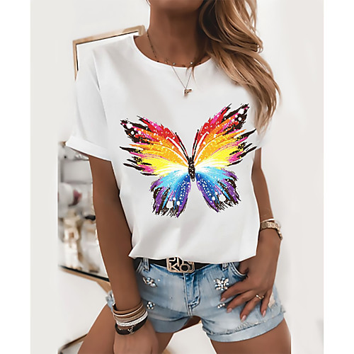 

Women's T shirt Butterfly Heart Graphic Prints Round Neck Tops 100% Cotton White Black Red