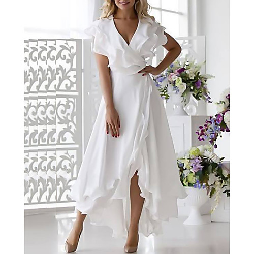 

Women's Wrap Dress Midi Dress White Dark Blue Sleeveless Solid Color Ruffle Multi Layer Plus High Low Summer Deep V Hot Elegant Sexy Party Beach 2021 S M L XL XXL 3XL 4XL 5XL / Clothing / Chiffon