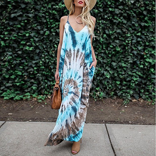

Women's Strap Dress Maxi long Dress - Sleeveless Tie Dye Summer Casual Sexy 2020 Light Blue S M L XL