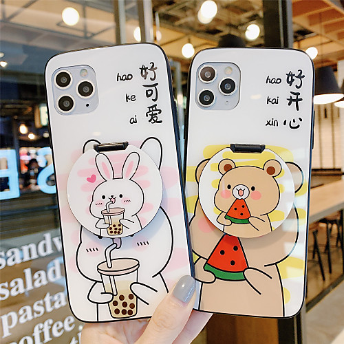 

Mirror Holder Tempered Glass Phone Case Cartoon Pattern for Apple iPhone Case 11 Pro Max X XR XS Max 8 Plus 7 Plus 6 Plus SE(2020) Curve Back Cover