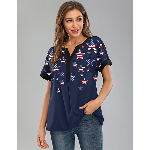 

Women's National Flag American flag Print Blouse Daily V Neck Navy Blue