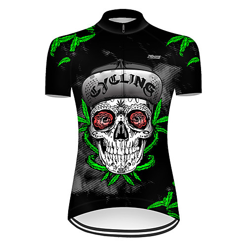 

21Grams Women's Short Sleeve Cycling Jersey Nylon Polyester Black / Green Novelty Leaf Skull Bike Jersey Top Mountain Bike MTB Road Bike Cycling Breathable Quick Dry Ultraviolet Resistant Sports