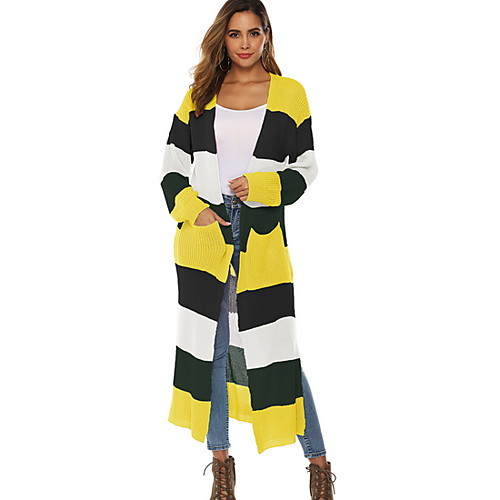 

Women's Striped Cardigan Long Sleeve Sweater Cardigans V Neck Blue Yellow Orange