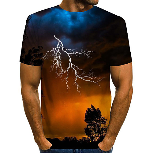 

Men's T shirt Graphic Scenery Print Short Sleeve Daily Tops Basic Exaggerated Blue Purple Yellow