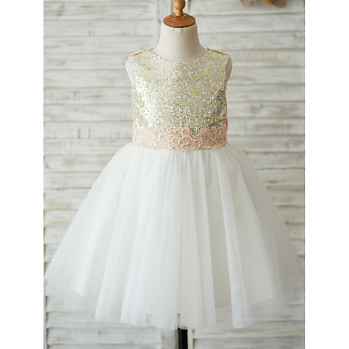 

A-Line Knee Length Flower Girl Dresses Wedding Tulle Sleeveless Jewel Neck with Bows