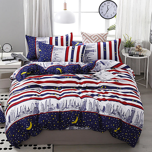 

City Series Stripe and Star Printed 4 Piece Duvet Cover Set Bedding Set