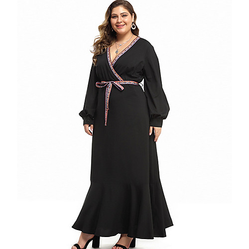 

Women's Plus Size Sheath Dress Maxi long Dress - Long Sleeve Solid Color Fall V Neck Casual Loose 2020 Black XXXXL XXXXXL
