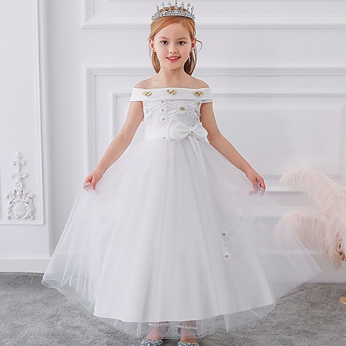 

Princess Floor Length Flower Girl Dresses Party Tulle Short Sleeve Off Shoulder with Sash / Ribbon