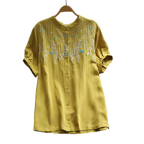 

Women's Blouse Shirt Floral Flower Round Neck Tops Cotton White Yellow