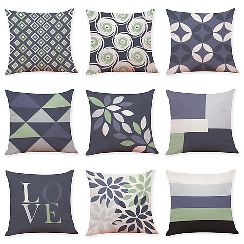 

9 pcs Faux Linen Pillow Cover, Geometic Contemporary Casual Modern Square Traditional Classic