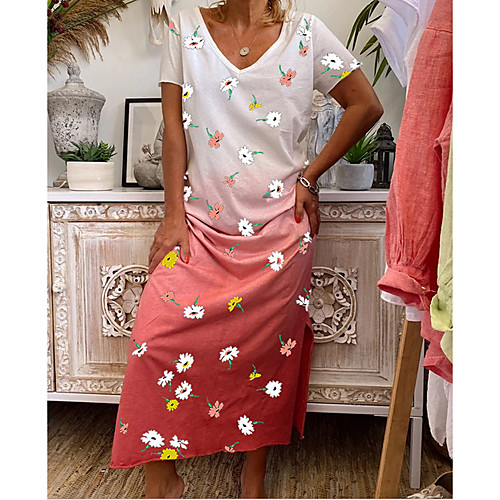 

Women's Shift Dress Maxi long Dress - Short Sleeves Print Summer Casual Chinoiserie 2020 Red Light Blue S M L XL