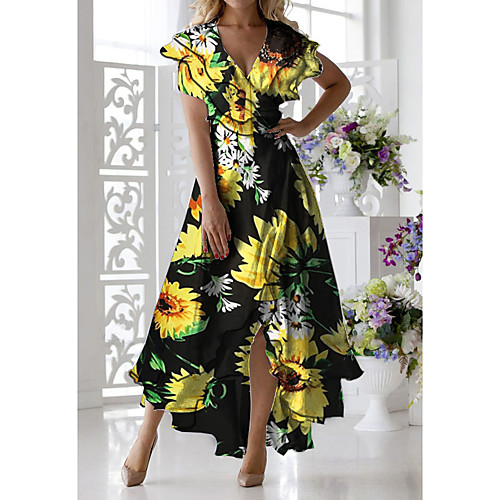 

Women's A-Line Dress Midi Dress - Short Sleeves Floral Print Summer Casual Daily 2020 Black M L XL XXL XXXL
