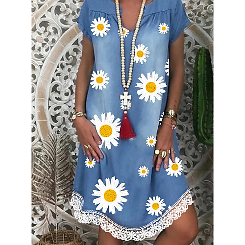 

Women's Denim Dress Knee Length Dress Blue Short Sleeve Daisy Floral Lace Trims Print Summer V Neck Hot Casual 2021 M L XL XXL 3XL