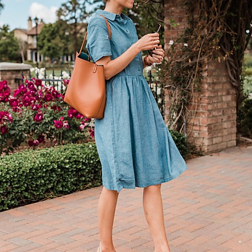 

Women's A-Line Dress Knee Length Dress - Short Sleeves Solid Color Summer Shirt Collar Casual Denim 2020 Blue S M L XL XXL XXXL