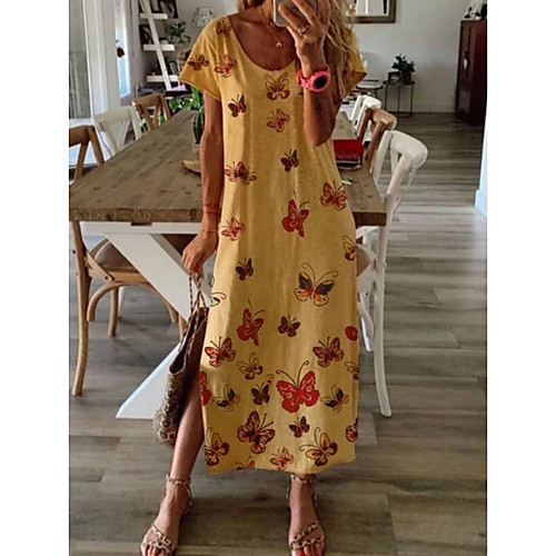 

Women's A-Line Dress Midi Dress - Short Sleeves Floral Summer Casual 2020 Yellow Khaki Green Brown S M L XL XXL XXXL