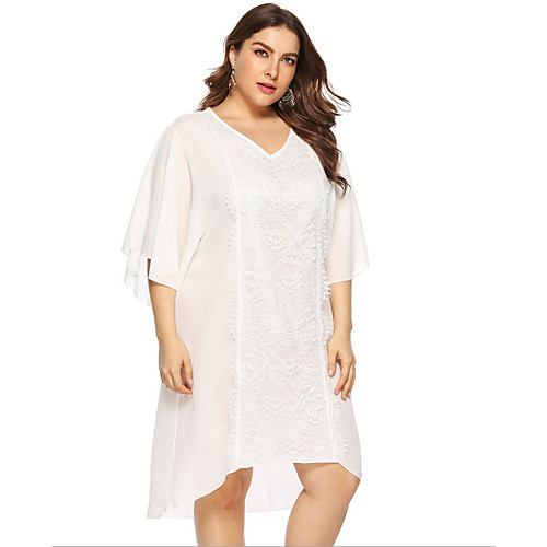 

Women's A Line Dress Knee Length Dress White Half Sleeve Solid Color Summer V Neck Casual Chinoiserie 2021 L XL XXL 3XL 4XL / Plus Size