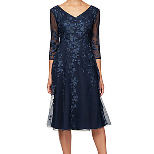 

A-Line Mother of the Bride Dress Elegant Sparkle & Shine See Through V Neck Knee Length Tulle Half Sleeve with Lace Appliques 2021