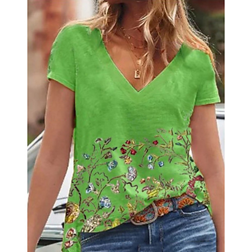 

Women's T shirt Floral Flower Printing V Neck Tops Blue Yellow Green