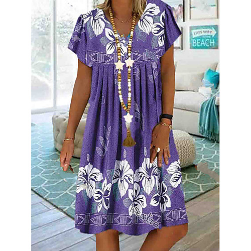 

Women's A-Line Dress Knee Length Dress - Short Sleeves Floral Summer V Neck Casual Boho Holiday Vacation 2020 Purple Red Fuchsia S M L XL XXL XXXL XXXXL XXXXXL