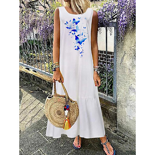 

Women's A-Line Dress Maxi long Dress - Sleeveless Butterfly Summer Casual Boho Daily Holiday Vacation 2020 White M L XL XXL XXXL