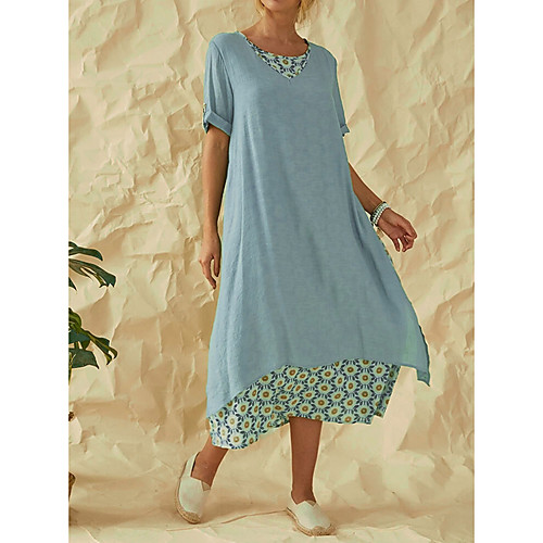 

Women's A-Line Dress Midi Dress - Short Sleeves Floral Summer Casual 2020 Green Light Blue M L XL XXL XXXL XXXXL