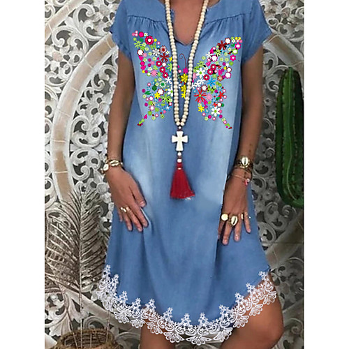

Women's Shift Dress Knee Length Dress - Short Sleeves Floral Print Summer Casual Daily 2020 Blue M L XL XXL XXXL
