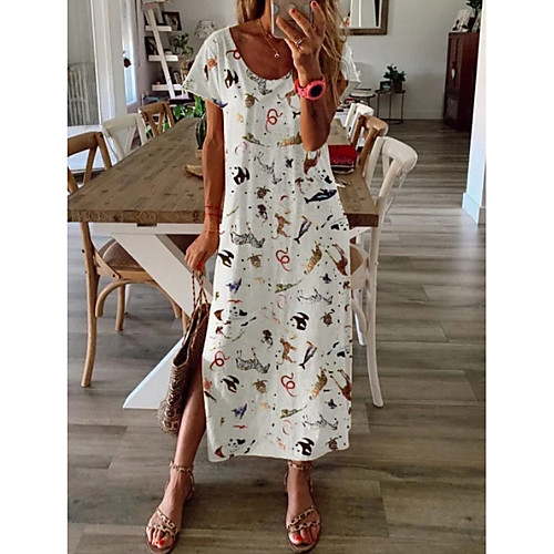 

Women's A-Line Dress Midi Dress - Short Sleeves Print Summer Casual 2020 White Khaki S M L XL XXL XXXL