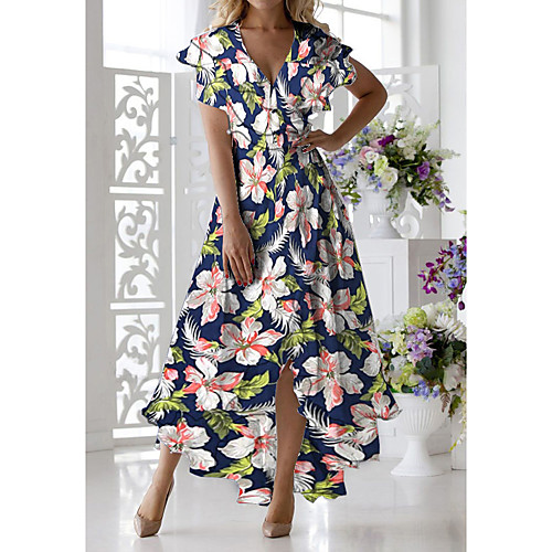 

Women's A-Line Dress Midi Dress - Short Sleeves Floral Print Summer Casual Daily 2020 Blue M L XL XXL XXXL