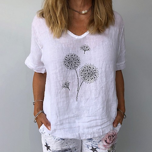 

Women's T shirt Floral Flower V Neck Tops White Navy Blue Gray