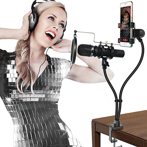 

2 In 1 Universal Microphone Stand Mount Phone Holder With Clip And Pop Filter For Karaoke MV