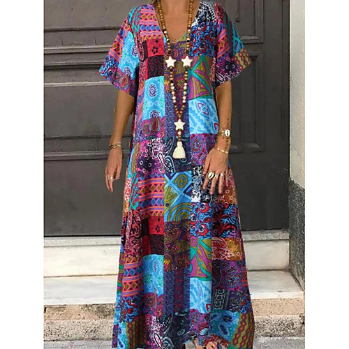 

Women's A-Line Dress Maxi long Dress - Short Sleeves Floral Summer Casual Chinoiserie 2020 Rainbow M L XL XXL XXXL