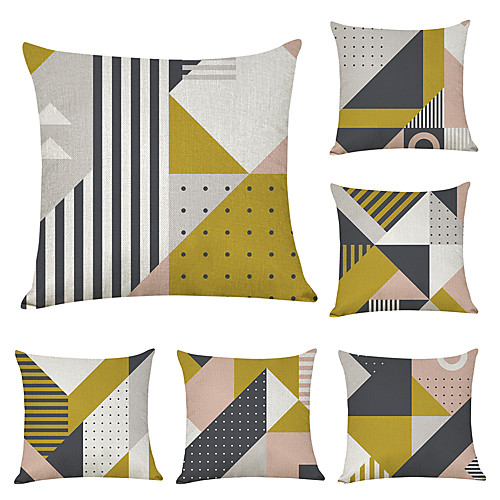 

6 pcs Faux Linen Pillow Cover, Geometric Geometic Casual Modern Square Traditional Classic