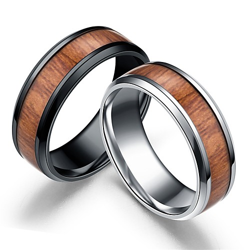 

Men Women Ring Black Silver Wooden Stainless Steel Round European Jewelry Two Stone