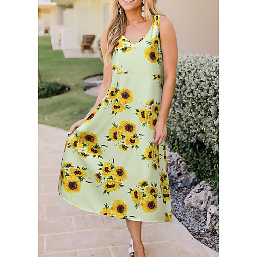 

Women's A-Line Dress Midi Dress - Sleeveless Floral Summer Casual 2020 Black Light Green Gray Light Blue S M L XL XXL XXXL