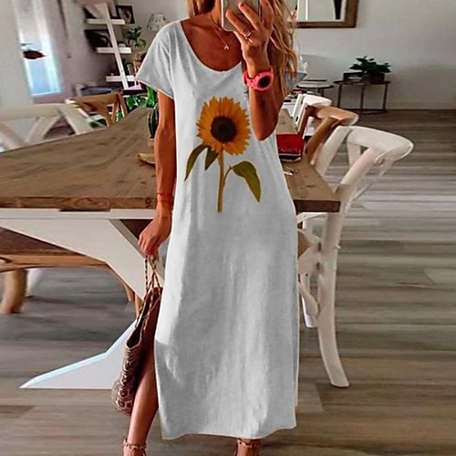 

Women's Shift Dress Maxi long Dress - Short Sleeves Floral Summer Casual 2020 White Black Blue Yellow Blushing Pink S M L XL XXL XXXL XXXXL XXXXXL