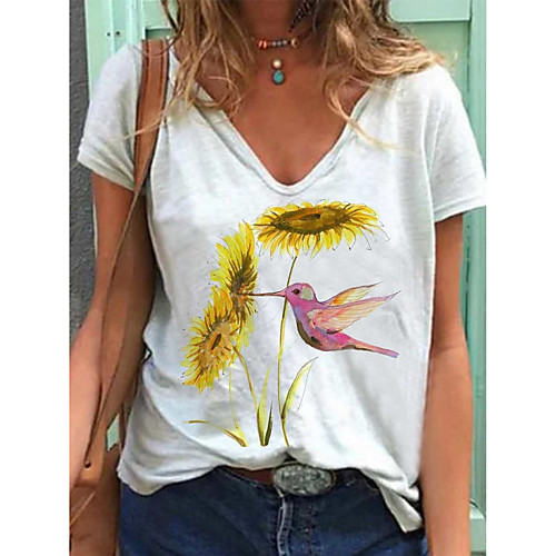 

Women's T shirt Floral Flower Animal Print V Neck Basic Tops Cotton White