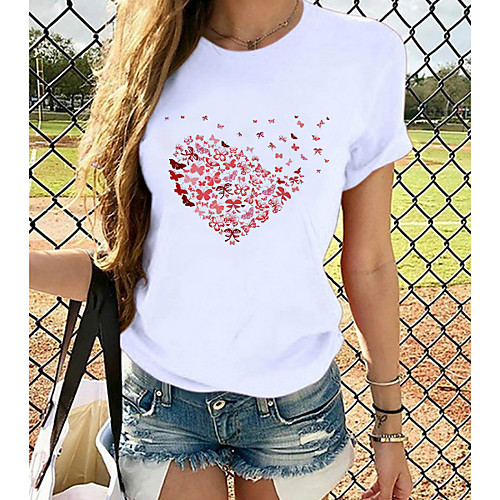 

Women's T shirt Heart Graphic Prints Printing Round Neck Tops 100% Cotton Cat White Purple