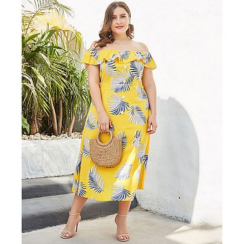 

Women's Sheath Dress Midi Dress - Short Sleeves Floral Summer Off Shoulder Casual Mumu 2020 Yellow XXL XXXL