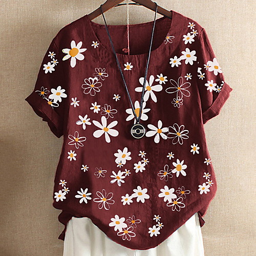 

Women's Blouse Shirt Floral Flower Round Neck Tops Black Red Green