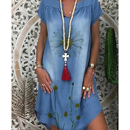 

Women's A-Line Dress Denim Knee Length Dress - Short Sleeves Floral Summer V Neck Casual Boho Vacation Denim 2020 Blue S M L XL XXL XXXL