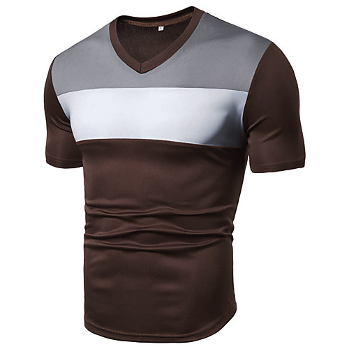 

Men's T shirt Solid Colored Color Block Patchwork Short Sleeve Athleisure Tops Basic V Neck Light Brown Gray White / Sports / Gym